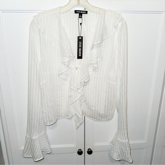 New Steve Madden Bay Ruffle Crop Top Coconut Milk Sz Large CottageCore Romantic - Picture 2 of 15